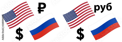 USDRUB forex currency pair vector illustration. American and Russian flag, with Dollar and Ruble symbol.