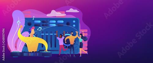 DJ in headphones at turntable playing music and tiny people dancing at party. Electronic music, DJ music set, DJing school courses concept. Header or footer banner template with copy space.
