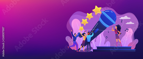Famous pop singer near huge microphone singing and tiny people dancing at concert. Popular music, pop music industry, top chart artist concept. Header or footer banner template with copy space.