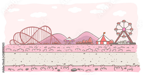 Vector illustration of an amusement park painted in pink monochromatic color.