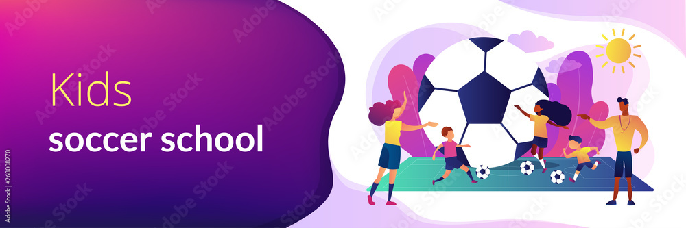 Fototapeta Kids learning to play soccer with balls on the field in summer camp, tiny people. Soccer camp, football academy, kids soccer school concept. Bright vibrant violet vector isolated illustration