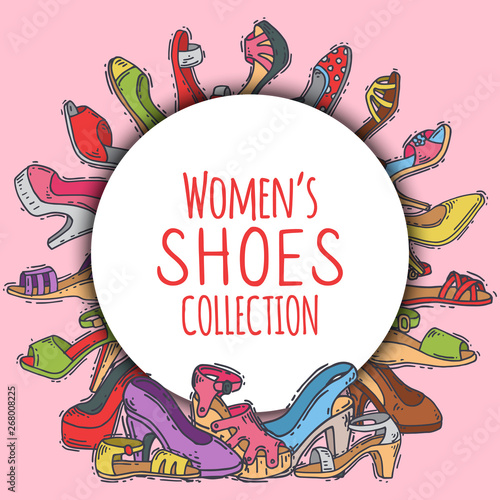 Woman shoes collection elegant high pair footwear vector illustration. Stiletto fashionable girl heel poster. Trend different style legs accessory background.
