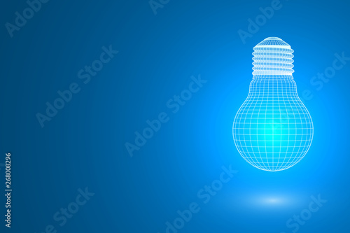 An incandescent light bulb on a blue background emits light. Polygonal light bulb.Vector illustration. 3D