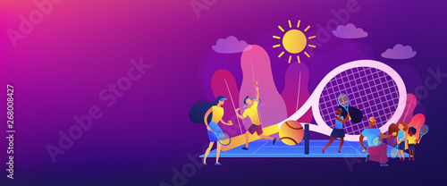 Coaches and kids on the court practicing with rackets in summer camp, tiny people. Tennis camp, tennis academy, junior tennis training concept. Header or footer banner template with copy space.