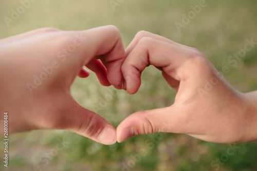 Heart from child hands on green grass background © producer