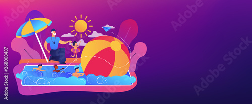 Coach teaching and children learning to swim in the pool in summer camp, tiny people. Swim camp, open water trainings, best swimmer course concept. Header or footer banner template with copy space.