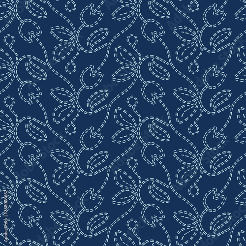 Floral motif sashiko style japanese needlework. Seamless vector pattern. Hand stitch tulip flower indigo blue line texture textile print. Classic Japan decor asian backdrop. Kimono quilting template