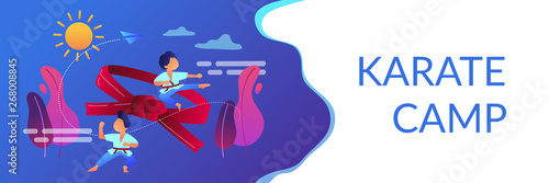 Young athletes doing karate outside at summer camp and big belt, tiny people. Karate camp, kids boxing club, fighting sport section concept. Header or footer banner template with copy space.