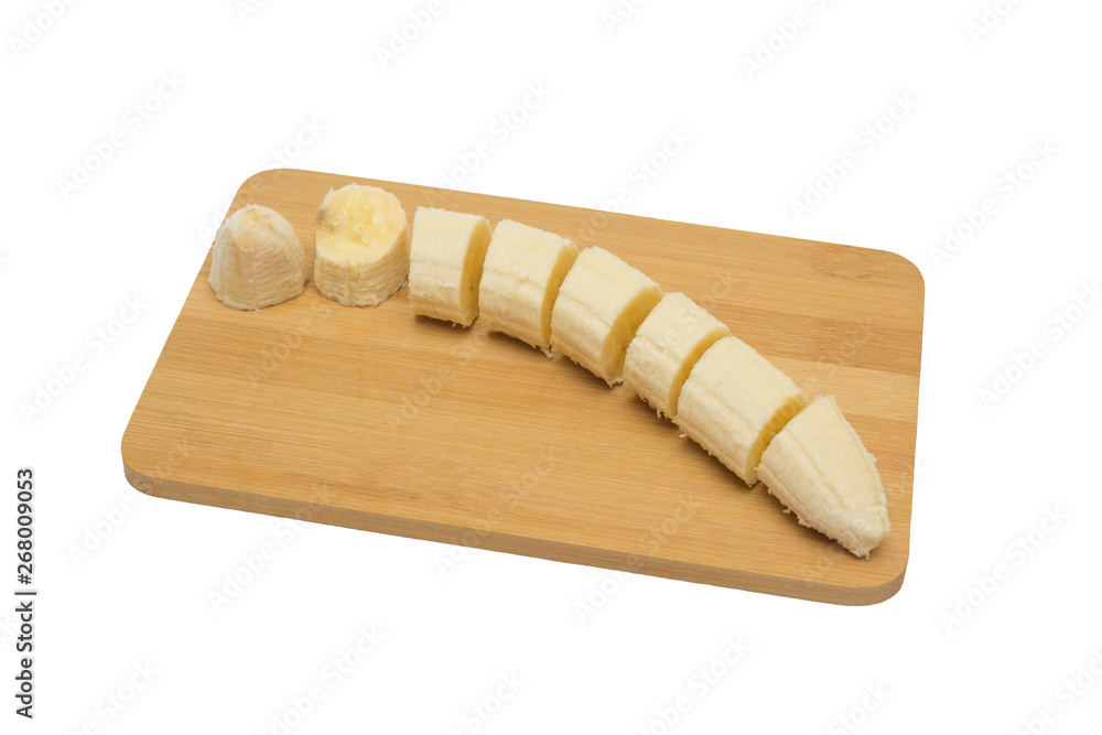 sliced banana on a cutting board, gradual serial cutting sliced banana on a cutting board, gradual serial cutting