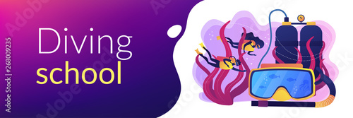 Scuba divers swimming under water and mask with snorkel, tiny people. Diving school, best commercial diving, all levels diver program concept. Header or footer banner template with copy space.