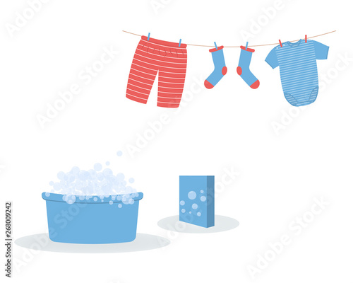 Washing: washed baby clothes cute Capri pants,socks and  bodysuit hanging on clothesline and they are attached by clothespins.Wash basin with soap foam and pack of washing powder.Vector illustration