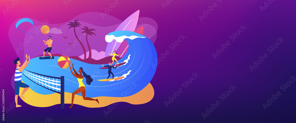 Tiny people adults playing volleyball, surfing and kitesurfing. Summer beach activities, seacoast entertainment, sea animation services concept. Header or footer banner template with copy space.