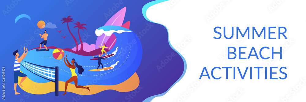 Tiny people adults playing volleyball, surfing and kitesurfing. Summer beach activities, seacoast entertainment, sea animation services concept. Header or footer banner template with copy space.