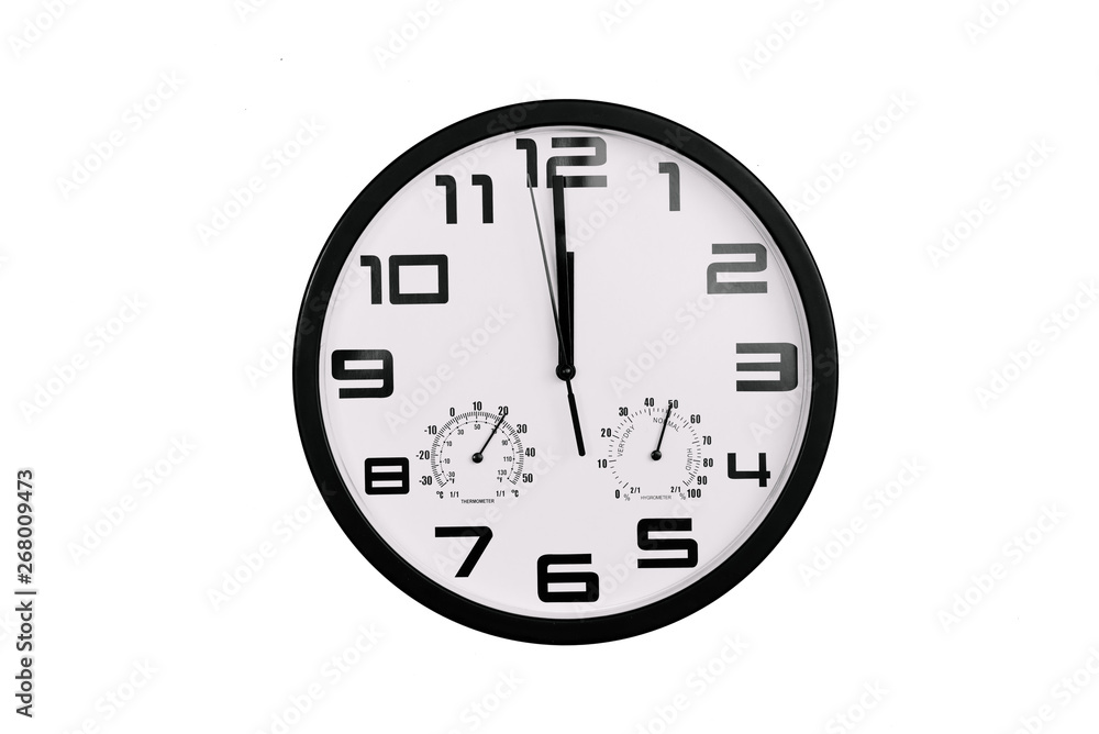simple classic black and white round wall clock isolated on white. Clock with arabic numerals on wall shows 12:00 simple classic black and white round wall clock isolated on white. Clock with arabic numerals on wall shows 12:00