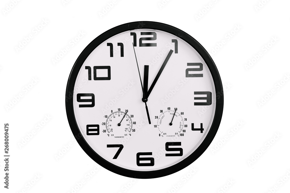 simple classic black and white round wall clock isolated on white. Clock with arabic numerals on wall shows 12:05 , 00:05 simple classic black and white round wall clock isolated on white. Clock with arabic numerals on wall shows 12:05 , 00:05
