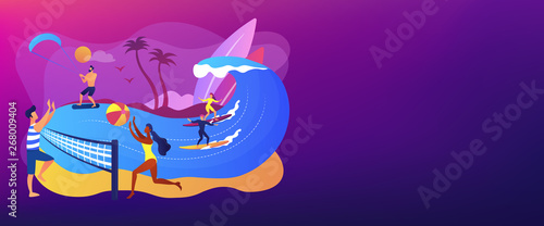 Tiny people adults playing volleyball, surfing and kitesurfing. Summer beach activities, seacoast entertainment, sea animation services concept. Header or footer banner template with copy space.