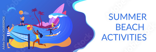 Tiny people adults playing volleyball, surfing and kitesurfing. Summer beach activities, seacoast entertainment, sea animation services concept. Header or footer banner template with copy space.
