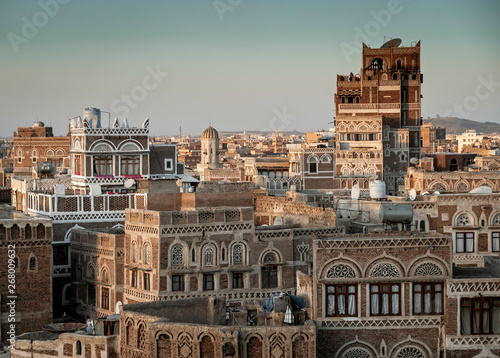 view of sanaa city old town architecture skyline in yemen