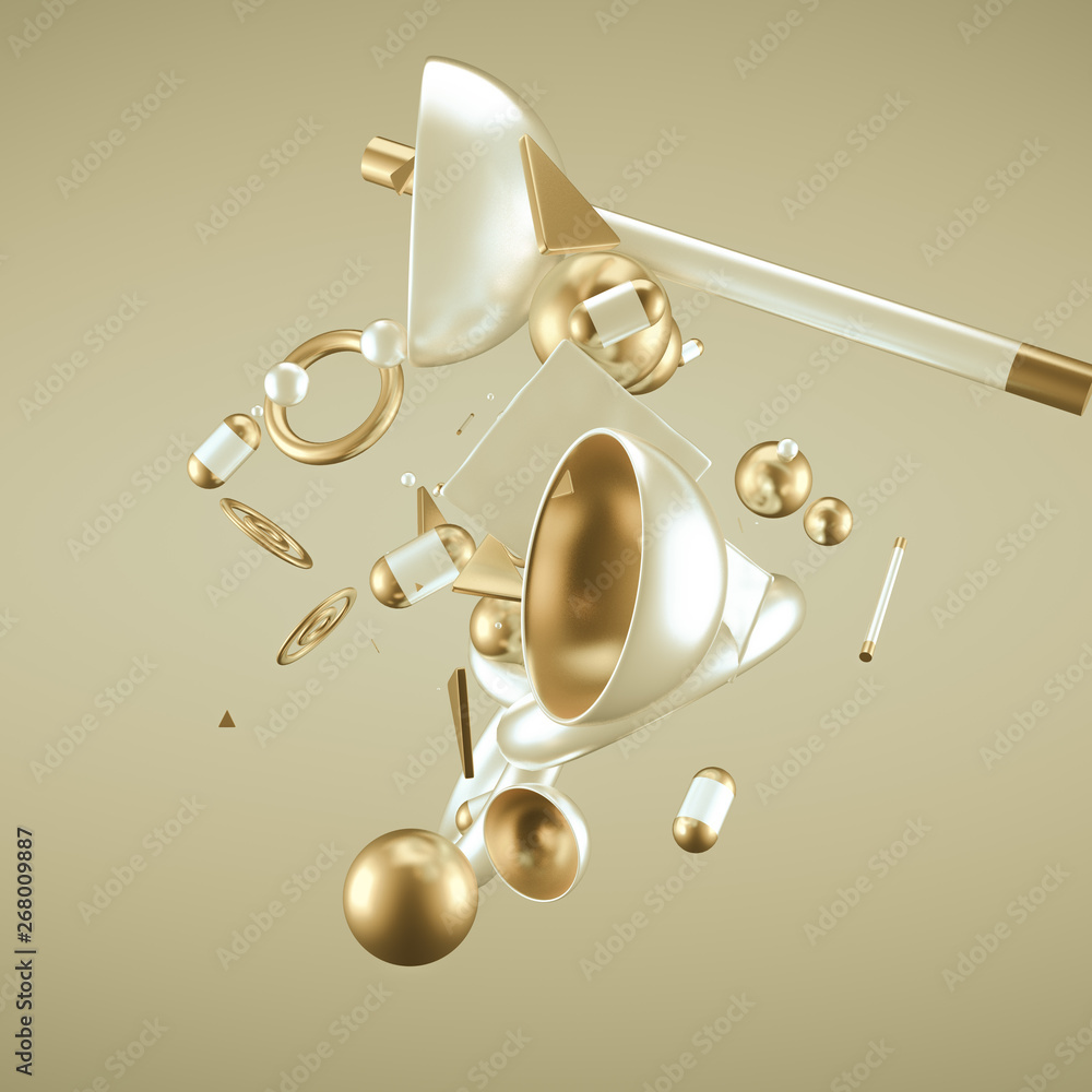 Yellow abstract minimalism background with flying objects and shapes. 3d illustration, 3d rendering.