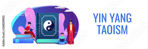 Big book with yin-yang and taoism family reading, tiny people. Yin yang Taoism, Daoism and Confucianism, Taoism Chinese philosophy concept. Header or footer banner template with copy space.