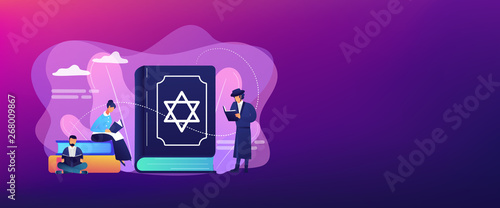 Jews in national costumes reading about religion, Torah, tiny people. Torah Judaism holy book, Jewish Beliefs on Jesus, orthodox Judaism concept. Header or footer banner template with copy space.