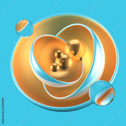 Abstract turquoise background with balls, metal, gold. 3d illustration, 3d rendering.