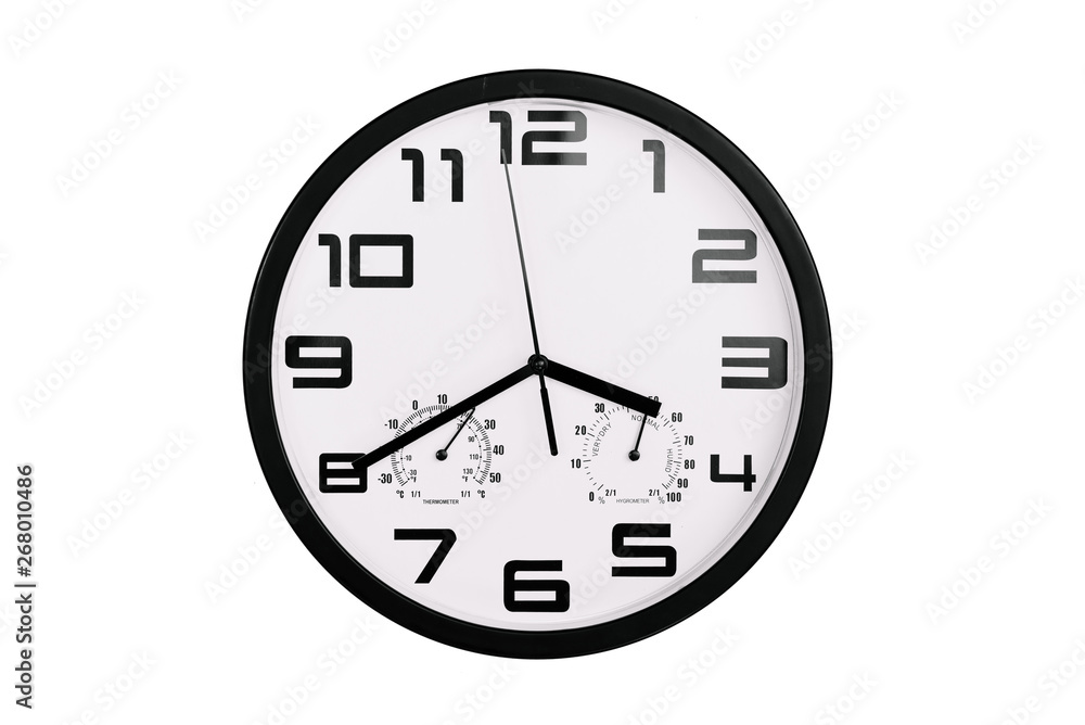 simple classic black and white round wall clock isolated on white. Clock with arabic numerals on wall shows 15:40 , 3:40 simple classic black and white round wall clock isolated on white. Clock with arabic numerals on wall shows 15:40 , 3:40