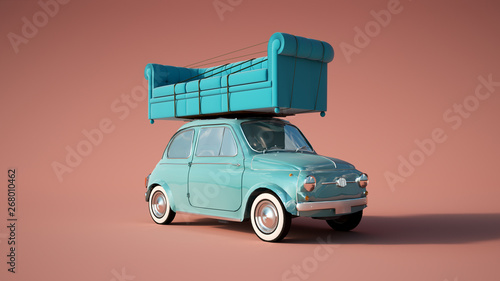 Small retro car with big sofa