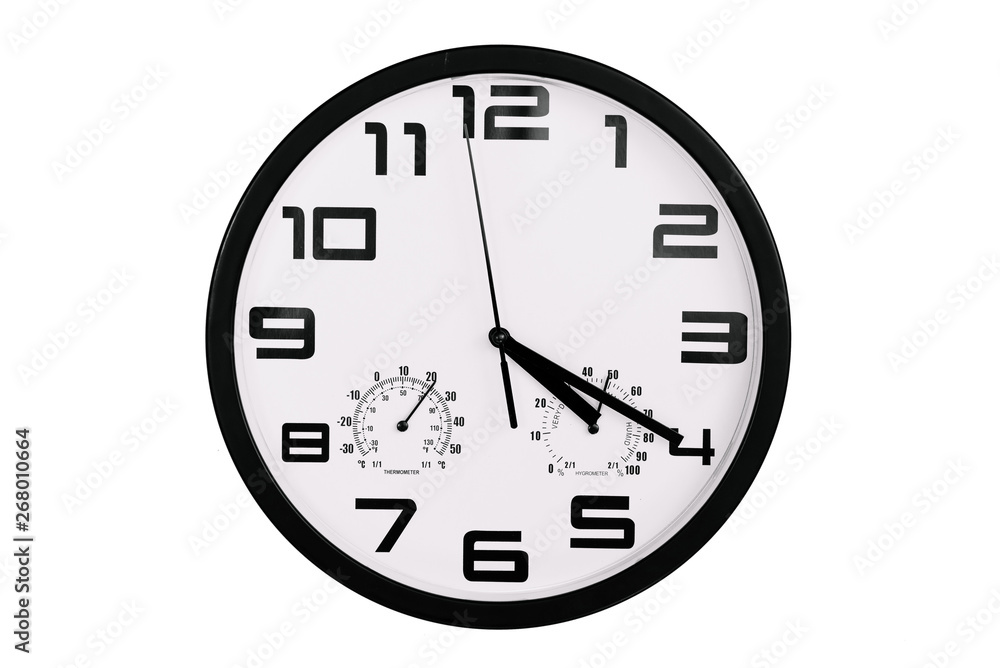 simple classic black and white round wall clock isolated on white. Clock with arabic numerals on wall shows 16:20 , 4:20 simple classic black and white round wall clock isolated on white. Clock with arabic numerals on wall shows 16:20 , 4:20