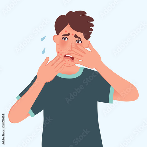 The young man looks at his pimples and inflammation on his face and cries. Vector illustration of aesthetic cosmetology