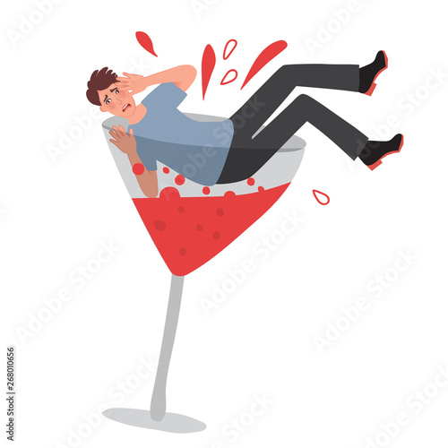 The man drowned in a glass of wine. Alcoholic's dependence on spirits. Vector illustration of bad human habit