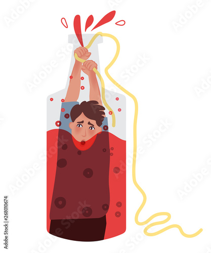 The alcoholic sits in a bottle and holds the rope to get up. Vector illustration of bad human habits