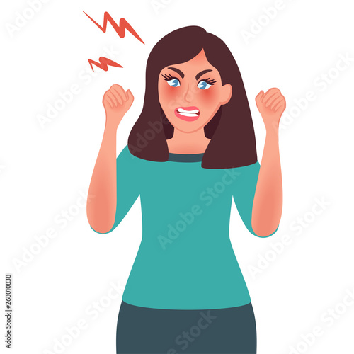 Aggression. A nervous girl expresses her negative emotions. Vector illustration of human emotion