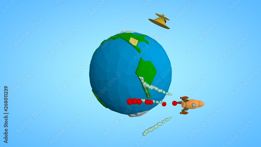 Naklejka premium Image of the planet Earth and a space satellite, the ISS orbital station, and a space rocket flying to Mars reusable. The idea of space development and space exploration. Low poly style.