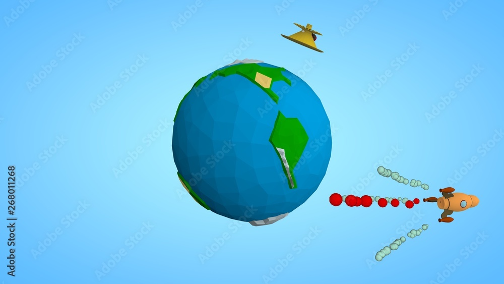 Naklejka premium Image of the planet Earth and a space satellite, the ISS orbital station, and a space rocket flying to Mars reusable. The idea of space development and space exploration. Low poly style.