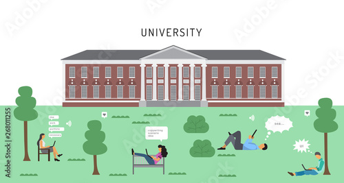 University building, students sit on the lawn in front of the main building