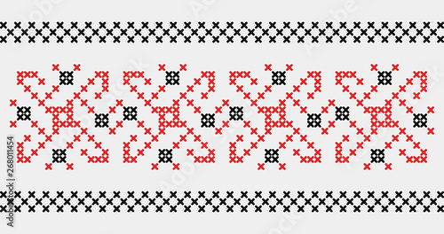 Vyshyvanka is a colloquial name for the embroidered shirt in Ukrainian and Belarusian national costumes. Ukraine traditional ornament. Cross slitch pattern, design, Ethnic  element.