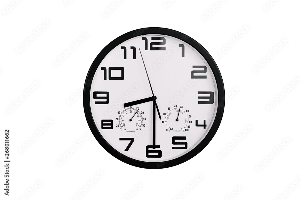 Fototapeta premium simple classic black and white round wall clock isolated on white. Clock with arabic numerals on wall shows 20:30 , 8:30
