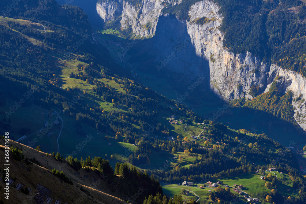 Aerial view to Lauterbrunnen valley and alpine village Wengen Switzerland.