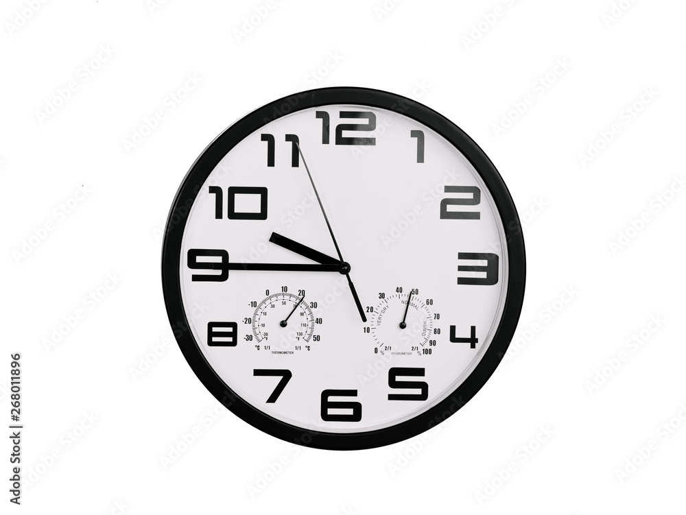 simple classic black and white round wall clock isolated on white. Clock with arabic numerals on wall shows 9:45 , 21:45 simple classic black and white round wall clock isolated on white. Clock with arabic numerals on wall shows 9:45 , 21:45