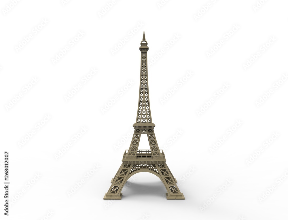 3D rendering of the tourist attraction Eiffel tower in Paris France isolated in white studio background.