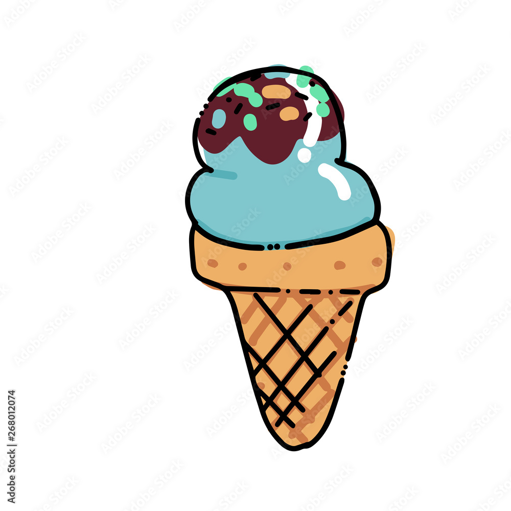 Ice Cream in waffle cone Sketch. Hand drawn cartoon isolated illustration on a white background. Sweet delicious cold dessert food, snack. Stylized drawing cartoon Line art. Doodle.