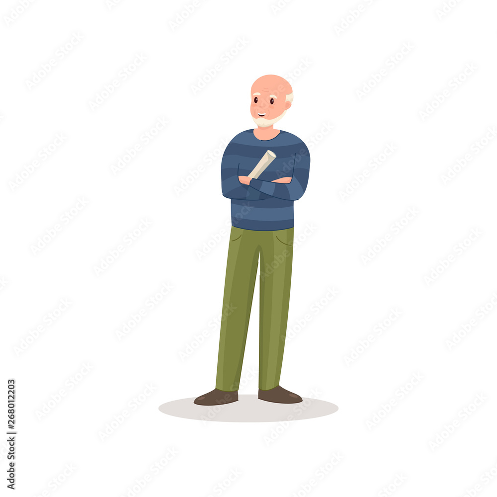 Cute bald senior man with green pants and fresh newspaper Cute bald senior man with green pants and fresh newspaper