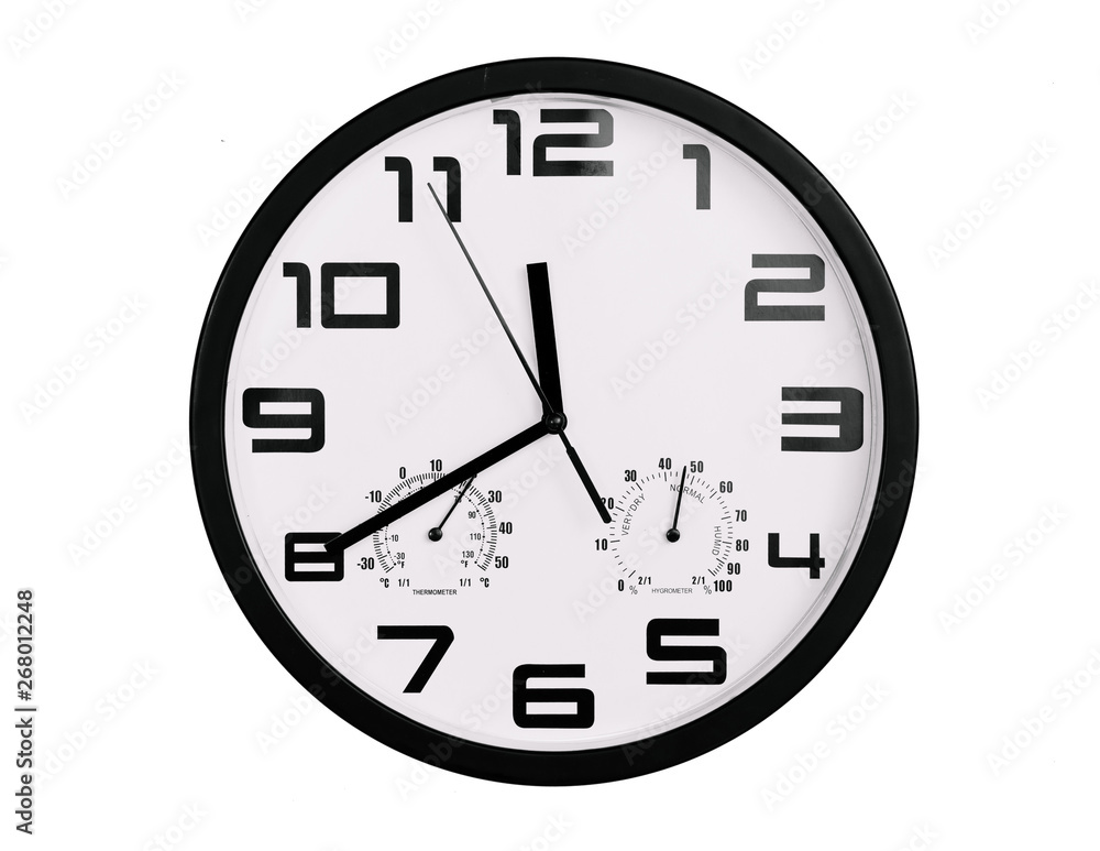 simple classic black and white round wall clock isolated on white. Clock with arabic numerals on wall shows 11:40 , 23:40 simple classic black and white round wall clock isolated on white. Clock with arabic numerals on wall shows 11:40 , 23:40