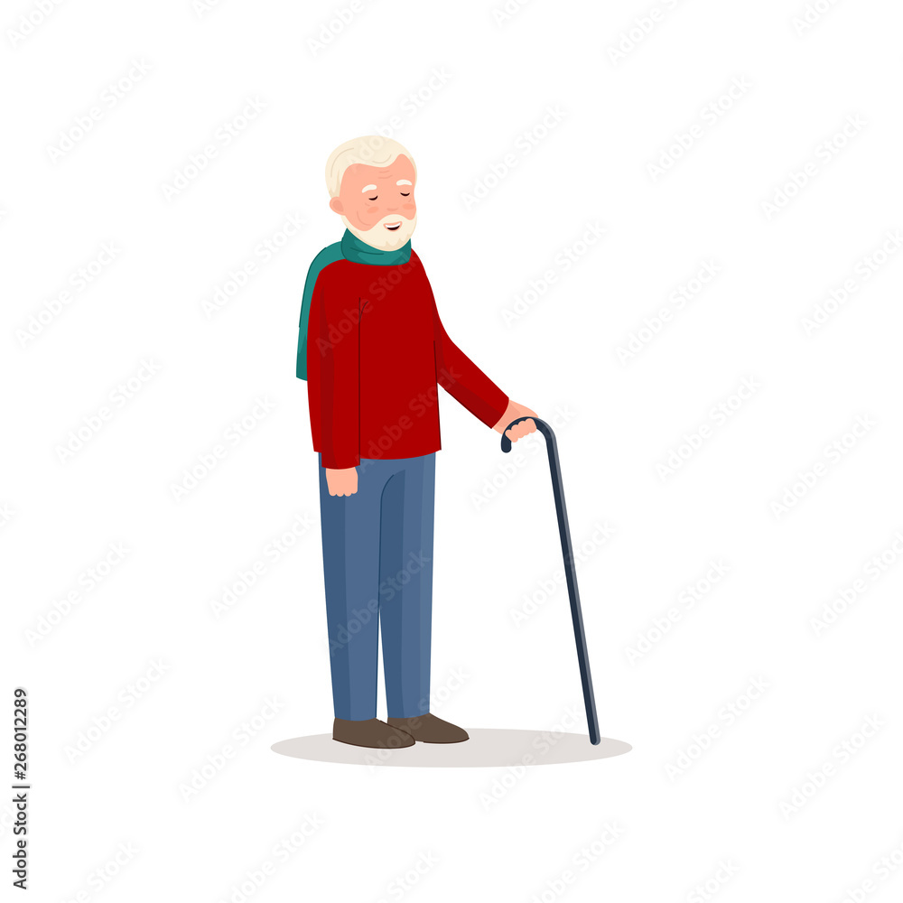 Cute smiling senior man in red sweater and blue pants