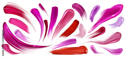 Smears of lipstick, nail polish or paint, brush strokes set isolated on white background. Beauty cosmetics colorful collection of smudge elements, splash trace shapes. Realistic 3d vector illustration