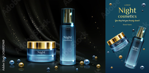Night cosmetics beauty cream and serum bottles mockup on black draped fabric background with golden sparkles and pearls. Cosmetic jar and tube with pump, promo banner. Realistic 3d vector illustration