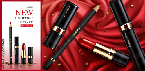 Lipstick cosmetics make up beauty product ad banner. Rouge and lip liner pencil on red silk draped fabric background with gold pearls. Luxury promo poster template for magazine, realistic 3d vector