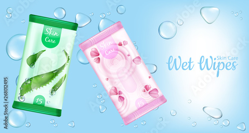 Wet wipes for skin care packages mockup, moistened cosmetic napkins product on blue background with water drops. Aloe vera and flower petals packing design. Realistic 3d vector illustration, ad banner