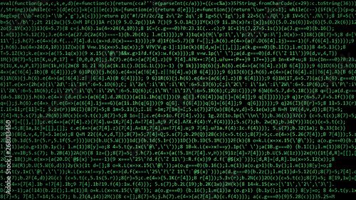 A wall made of thick obfuscated source code (computer program instructions), green characters over a black screen, old terminal style. photo